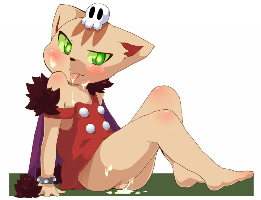 1boy anthro balls blush cub cum dark_side_cat dark_side_cat_(series) feline fur furry green_eyes half-dressed looking_at_viewer male male_only raijin_(artist) simple_background sitting skull solo tongue tongue_out young