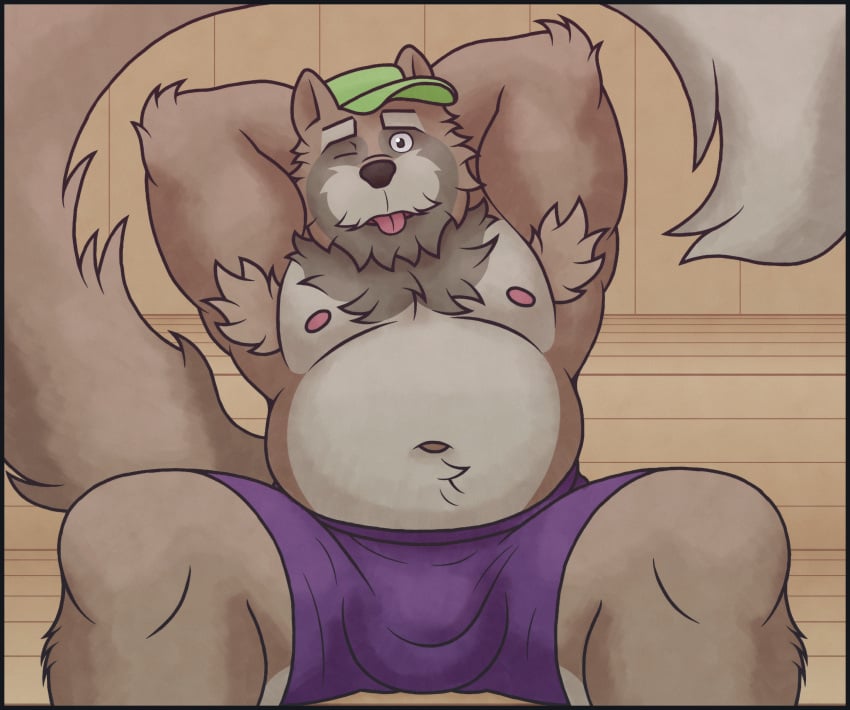 absurd_res anthro arm_tuft armpit_hair armpit_tuft beard belly big_eyes biped black_eyes body_hair bottomwear brown_armpit_hair brown_body brown_fur bulge canid canine cheek_tuft chest_tuft chin_tuft clothed clothing detailed_bulge elbow_tuft eyebrows facial_hair facial_tuft fluffy fur fur_tuft green_clothing green_hat green_headwear grey_beard grey_body grey_eyebrows grey_facial_hair grey_fur hands_behind_back happy_trail hat headgear headwear hi_res leg_tuft long_tail looking_at_viewer male male_anthro male_only mammal multicolored_body multicolored_fur musclegut muscular muscular_male muskydemon navel neck_tuft nipples overweight overweight_male owen_(oekanuki) pointy_ears portrait presenting prick_ears pupils purple_bottomwear purple_clothing purple_shorts raccoon_dog sauna sauna_bench shorts sitting slightly_chubby slightly_chubby_male solo tail tanuki thick_eyebrows three-quarter_portrait tongue tongue_out topless tuft white_sclera
