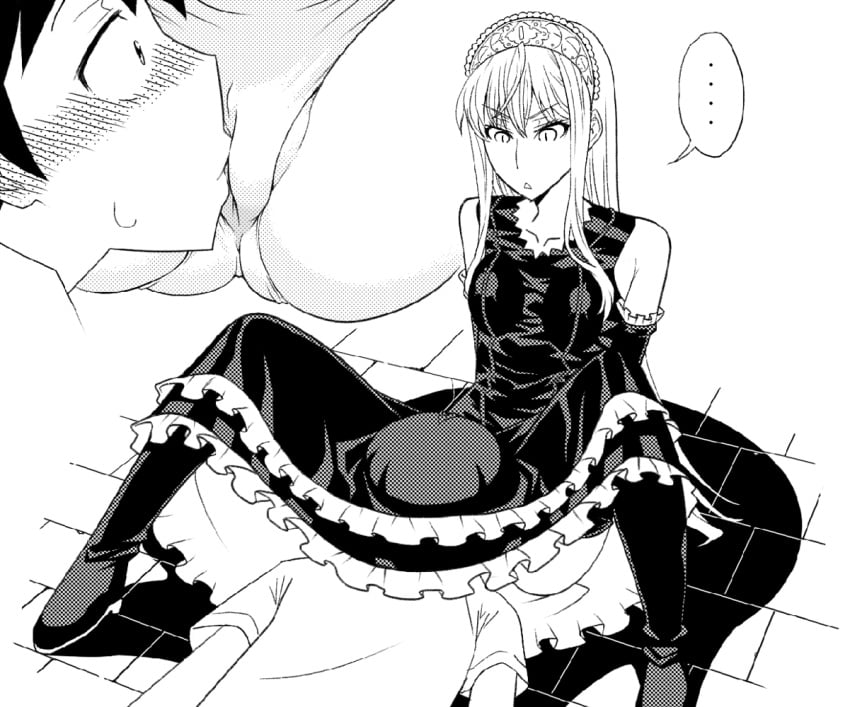 blush clothing dress hime_(kaibutsu_oujo) hinoki hiyorimi_hiro kaibutsu_oujo long_hair lying monochrome on_stomach oral_sex panties princess_resurrection sitting slit_pupils spread_legs stockings tiara underwear