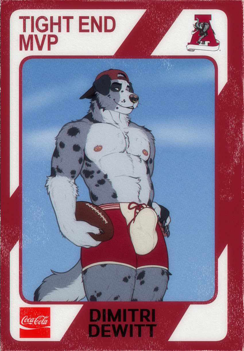 absurd_res american_football anthro bulge canid canine canis claws clothing domestic_dog facial_piercing football_card hat headgear headwear hi_res homogenousrule looking_at_viewer male mammal nipple_piercing nipples nose_piercing piercing smile solo sport