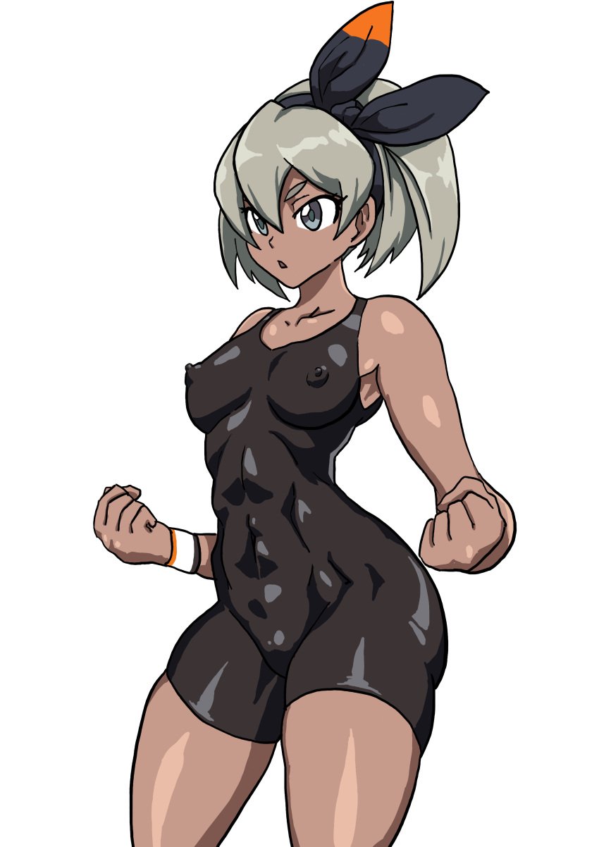 1girls bea bea_(pokemon) color colored dark-skinned_female dark_skin female female_only nikunigushii nipple_bulge nipple_outline nipples one_piece_swimsuit pokemon pokemon_ss simple_background skinsuit solo solo_female swimsuit