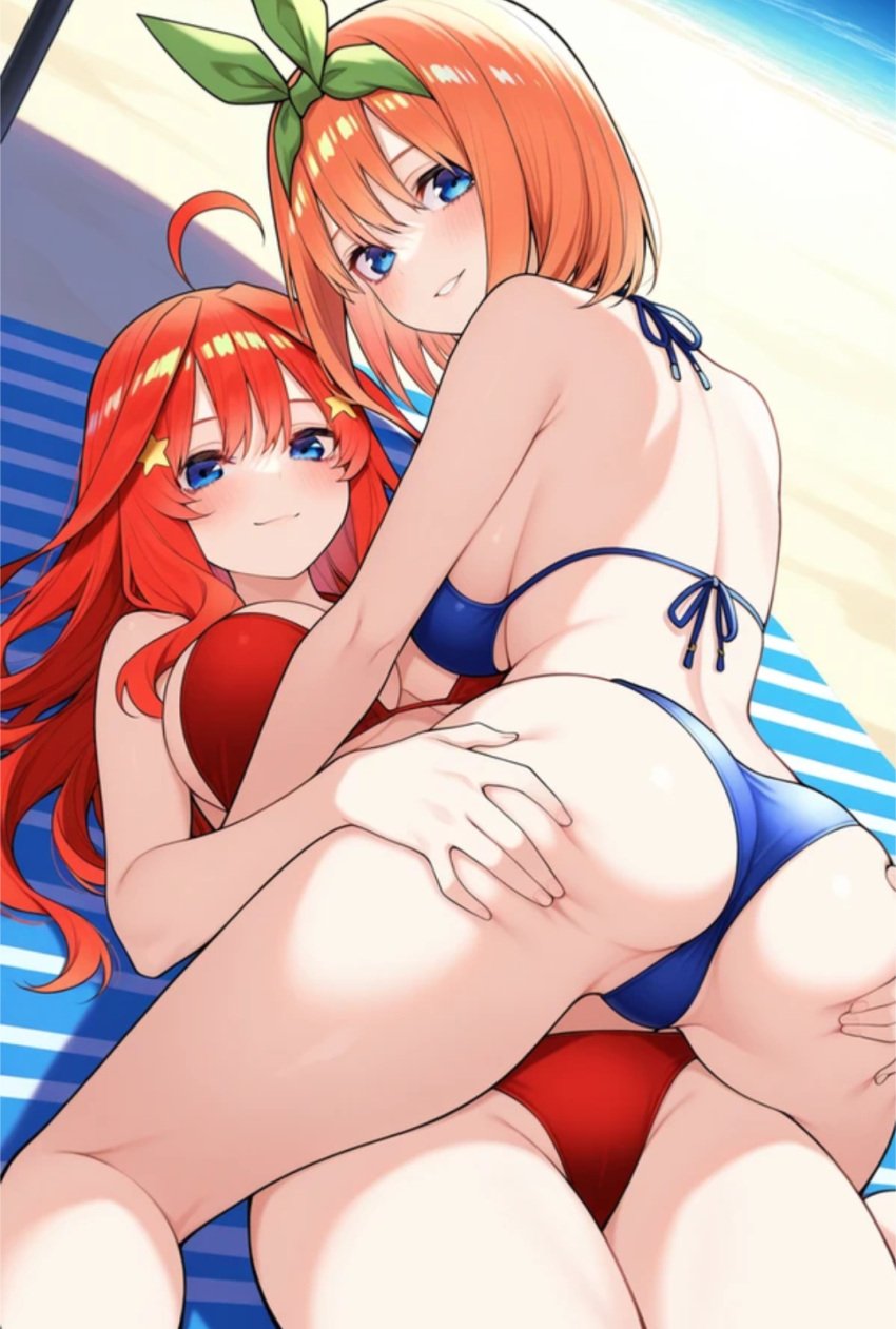 ai_generated beach bikini blue_eyes blush go-toubun_no_hanayome groping groping_ass large_breasts lying_on_back nakano_itsuki nakano_yotsuba orange_hair outdoors red_hair smile straddling yuri