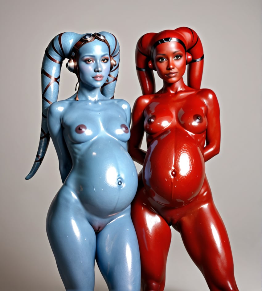 2girls ai_generated breasts female female_only oiled oiled_skin pregnant pussy red_skin shiny_skin standing star_wars thick_thighs thighs twi'lek