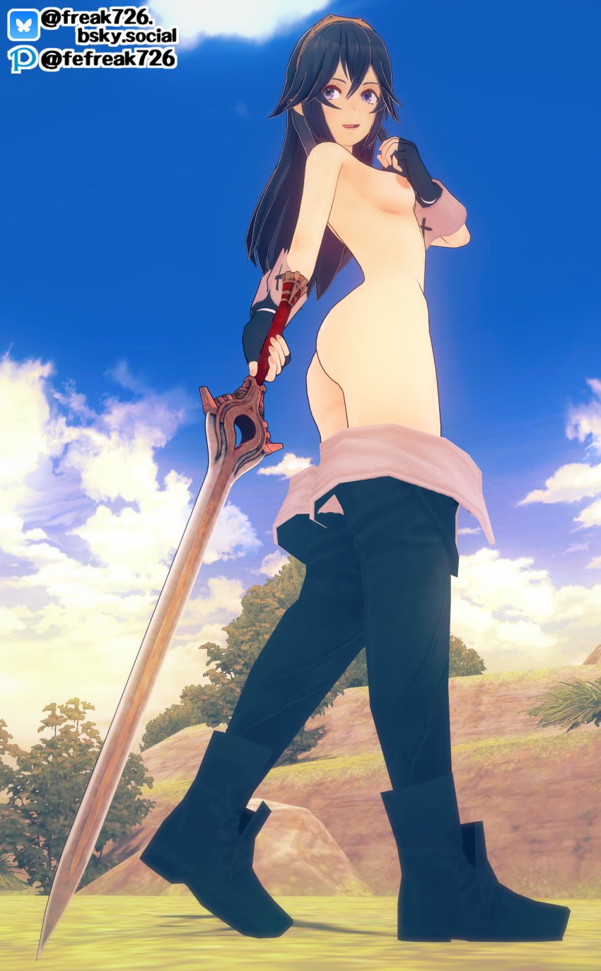 1girls 3d armpits ass bare_arms bare_midriff bare_thighs big_ass blue_eyes blue_hair boots brand_of_the_exalt cloud falchion_(fire_emblem) fefreak726 female female_only fight fingerless_gloves fire_emblem fire_emblem_awakening from_below full_body gloves hair_between_eyes hand_on_own_chest holding holding_weapon long_hair looking_back lucina_(fire_emblem) midriff naked_boots naked_gloves nintendo nipples nude nude_female open_mouth outdoors sky smile solo sparring standing sword symbol-shaped_pupils thigh_boots thighs tiara training weapon wrist_cuffs