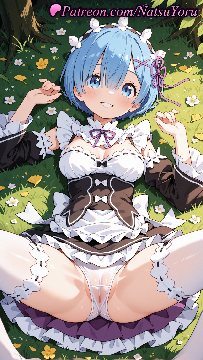 1girls 2025 ai ai_assisted ai_generated anime anime_style apron bangs black_dress black_sleeves blue_eyes blue_hair blush breasts bust busty cameltoe cleavage clothing collar detached_sleeves dress female female_focus female_only flower flower_knot flowers frilled_dress frills grass grin hair_flower hair_ornament hair_over_one_eye hair_ribbon hair_ribbons hairband hentai hi_res high_quality high_resolution highres juliet_sleeves long_sleeves looking_at_viewer lying maid maid_headdress maid_uniform medium_breasts natsuyoru neck_ribbon on_back on_grass outdoors panties pantsu partially_visible_vulva patreon pink_ribbon puffy_sleeves purple_ribbon pussy re:zero_kara_hajimeru_isekai_seikatsu rem_(re:zero) ribbon ribbon-trimmed_legwear ribbon_trim roswaal_mansion_maid_uniform see-through short_hair smile solo solo_female spread_legs stable_diffusion teeth thighhighs thighs tree underwear voluptuous voluptuous_female waist_apron wet_clothes wet_panties white_apron white_flower white_legwear white_panties white_thighhighs x_hair_ornament yellow_flower