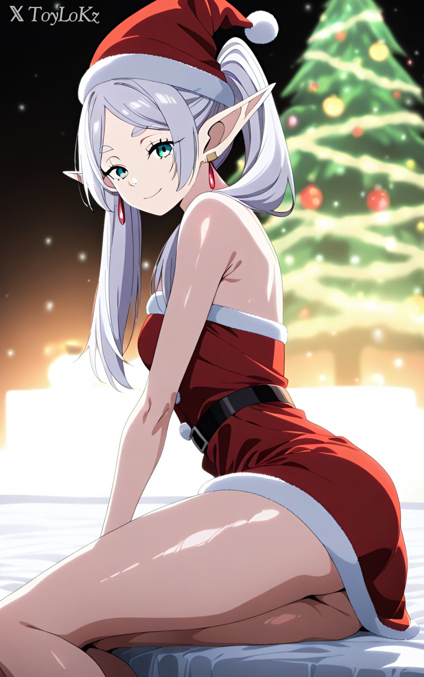 ai_generated christmas christmas_outfit christmas_tree frieren frieren_beyond_journey&#039;s_end santa_hat