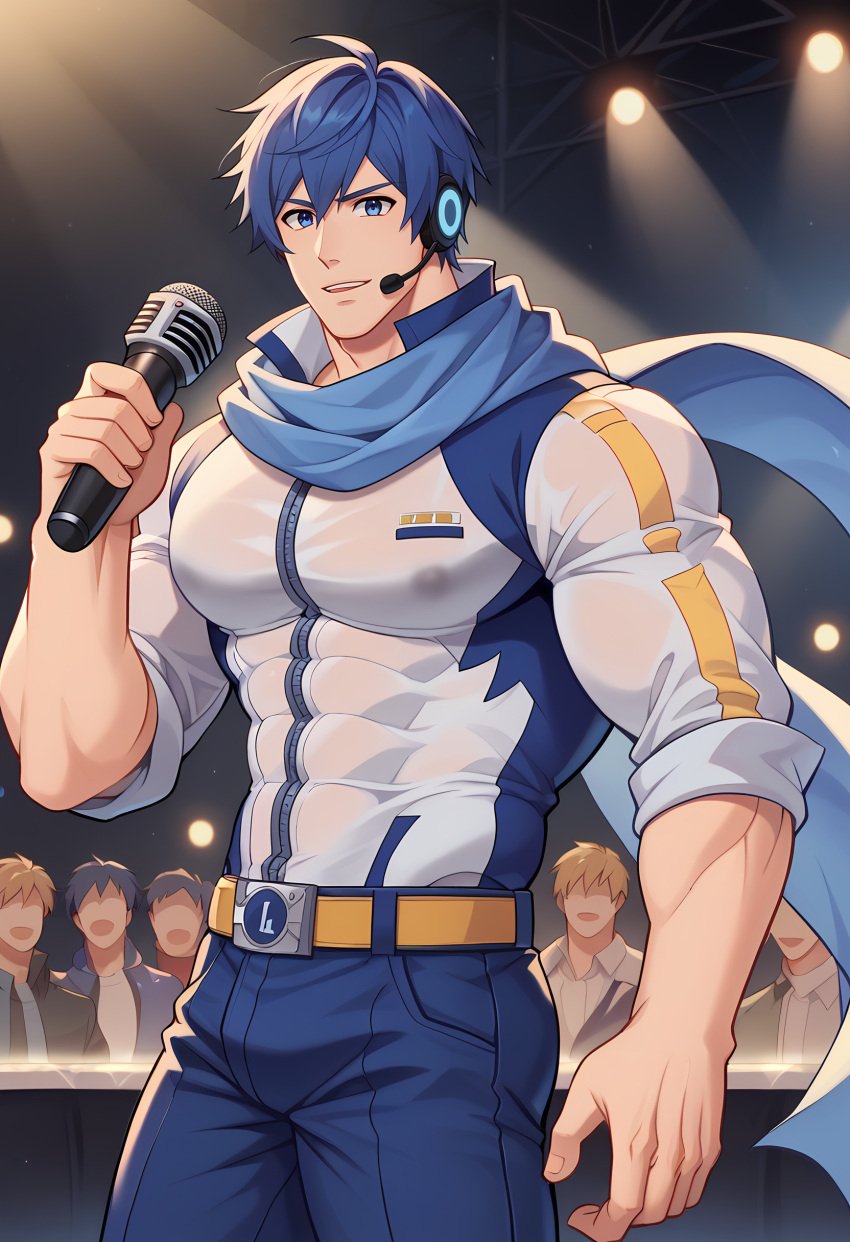 1boy 1male abs abs_visible_through_clothing ai_art ai_generated bara being_watched blue_hair blue_hair_male bulge bulge_through_clothing crowd crowd_watching crypton_future_media cwhk fanboys fully_clothed headset kaito_(vocaloid) light-skinned_male light_skin light_skinned_male male male_only microphone muscular muscular_male nipple_bulge nipples nipples_visible_through_clothing pecs pectorals scarf suggestive suggestive_clothes suggestive_clothing tight_clothes tight_clothing transparent_clothing vocaloid