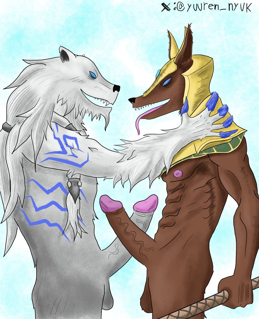 2males bear big_dick big_penis blue_eyes brown_fur canine furry furry_male gay gay_sex league_of_legends nasus tongue tongue_out volibear white_fur yaoi yuuren_nyuk