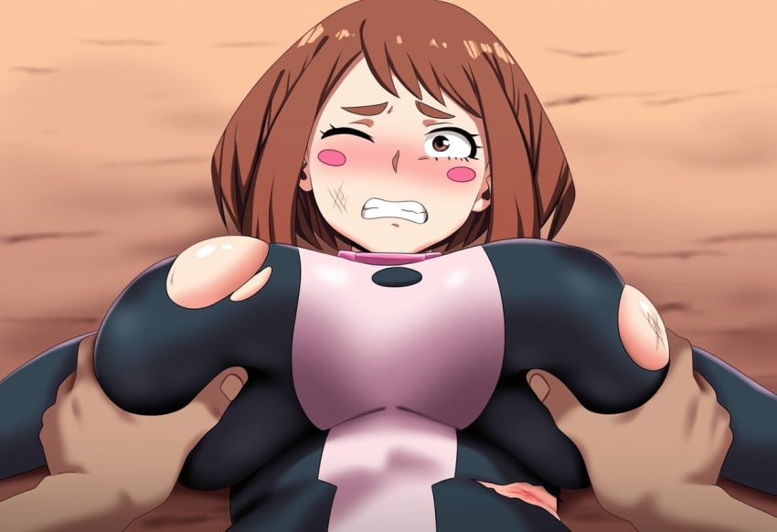 1boy 1boy1girl ai_generated bodysuit breast_grab breasts defeated defeated_heroine grabbing grabbing_breasts groping groping_breasts imminent_rape large_breasts mullon my_hero_academia ochako_uraraka on_back pov torn_bodysuit torn_clothes uraraka_ochako