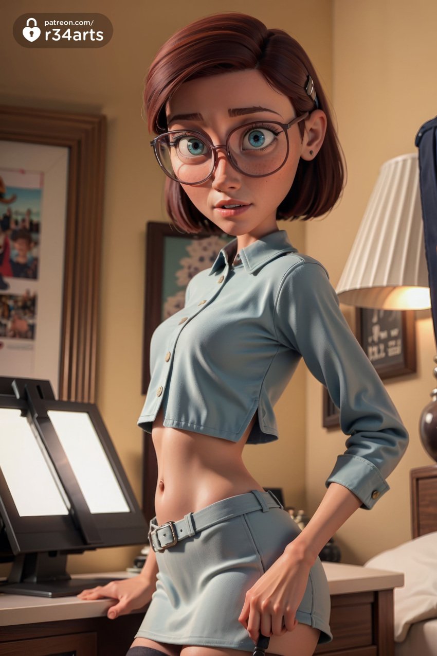 1girls 20th_century_fox 20th_century_studios ai_generated artist_name bed bedroom belt black_thighhighs blue_eyes blue_sky_studios breasts brown_hair computer cowboy_shot crop_top desk earrings freckles glasses hair_ornament hairclip hi_res indoors jewelry lamp linda_gunderson lips long_sleeves looking_at_viewer midriff miniskirt monitor navel nose parted_lips r34arts rio_(series) round_eyewear shirt short_hair skirt small_breasts solo standing stud_earrings thighhighs zettai_ryouiki