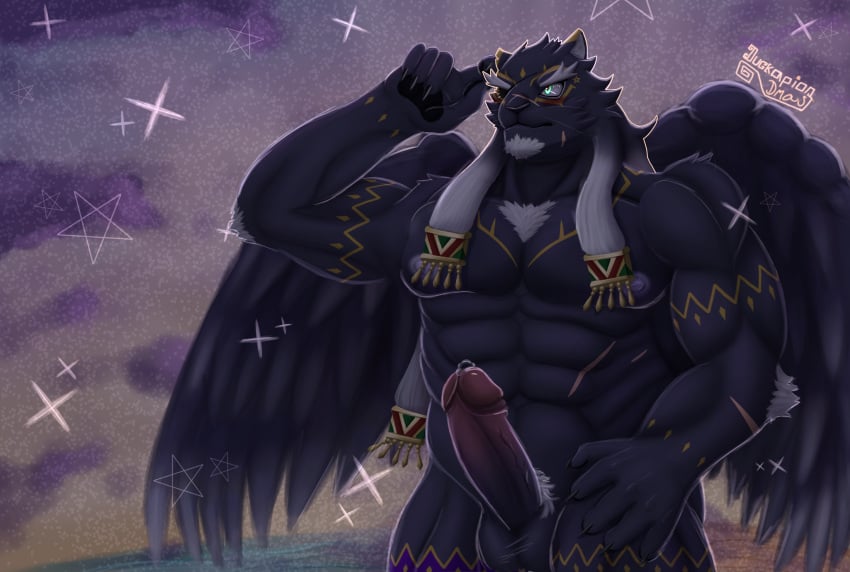 anthro balls blush chest_tuft claws dark_body dark_fur duckaphion felid feline fur genitals green_eyes hair hi_res jaguar lifewonders male mammal muscular muscular_male nipples pantherine pecs penis solo tezcatlipoca_(tas) tokyo_afterschool_summoners tuft white_hair yellow_body yellow_fur