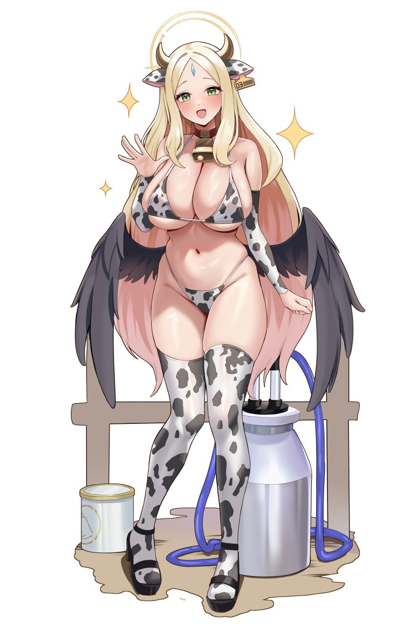 :d absurdres alternate_costume animal_ears animal_print arm_warmers ayumu_(blue_archive) bare_shoulders bell bikini blonde_hair blue_archive blush breasts cleavage cow_ears cow_girl cow_horns cow_print cowbell female full_body general_student_council_(blue_archive) green_eyes halo highres horns large_breasts long_hair looking_at_viewer low_wings navel neck_bell onedoo open_mouth simple_background skindentation smile solo standing stomach swimsuit thighhighs thighs underboob white_background wings