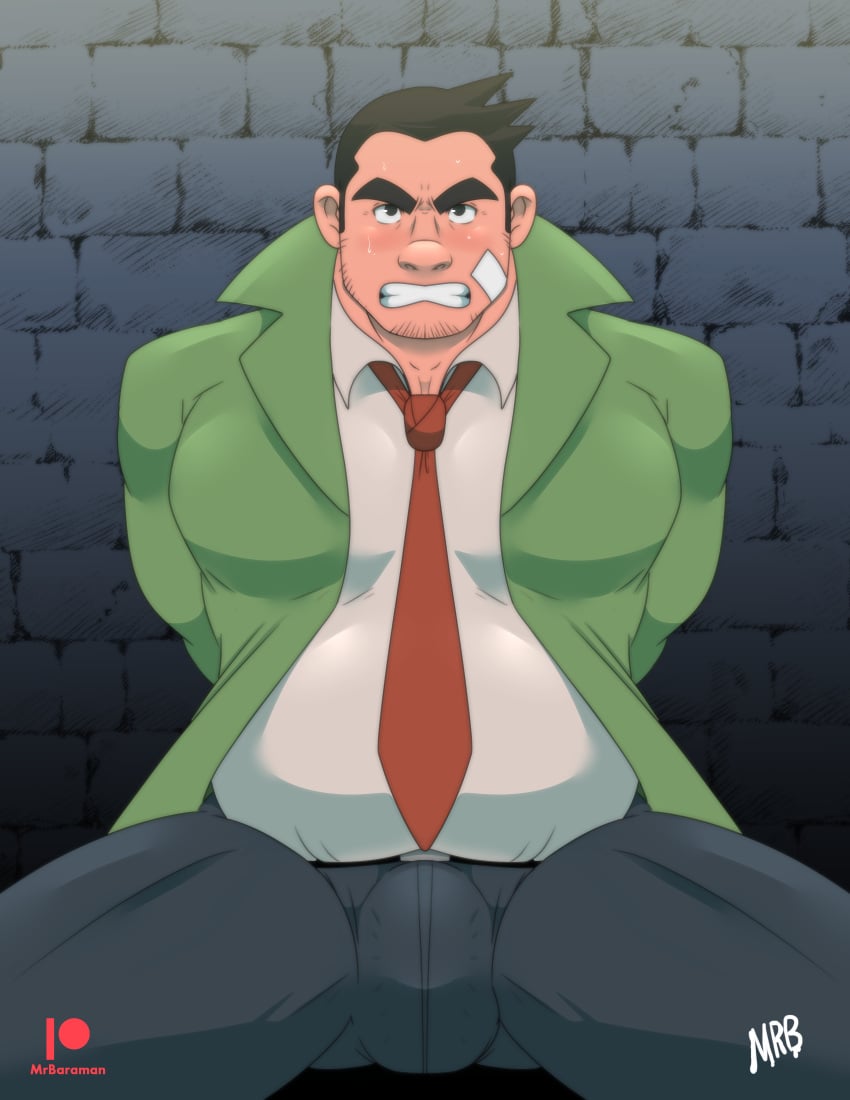 bara beard_stubble big_bulge blush bulge capcom clothing daddy dick_gumshoe gyakuten_saiban male male_only manly mature_male mrbaraman muscular_male tight_clothing