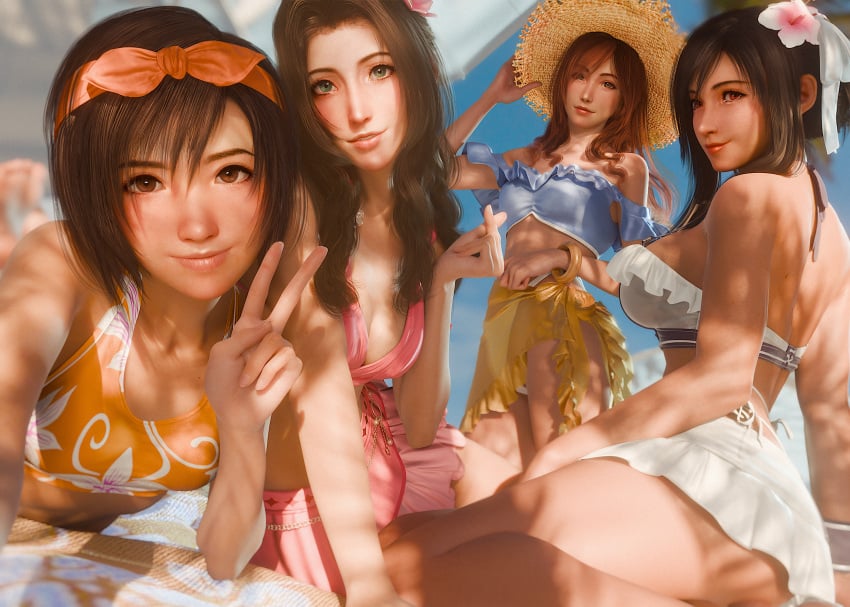 3d 4girls aerith_gainsborough aerith_gainsborough_(pink_mermaid) beach bikini black_hair blender blue_sky breasts brown_eyes brown_hair cissnei female female_only final_fantasy final_fantasy_vii final_fantasy_vii_rebirth final_fantasy_vii_remake flower_in_hair green_eyes hi_res large_breasts long_hair outdoors peace_sign red_eyes red_hair ria-neearts selfie short_hair sidelocks sitting small_breasts smile summer sun_hat swimsuit tifa_lockhart tifa_lockhart_(shining_spirit) yokozuwari yuffie_kisaragi