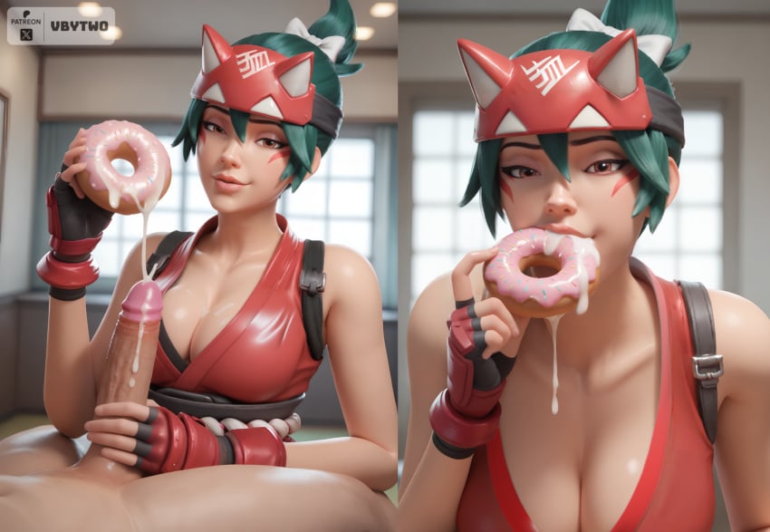 3d 3d_(artwork) ai_generated cum cum_in_mouth cum_on_food cumdrip cumshot donut eating_cum green_hair handjob kiriko_(overwatch) overwatch overwatch_2 vbytwo