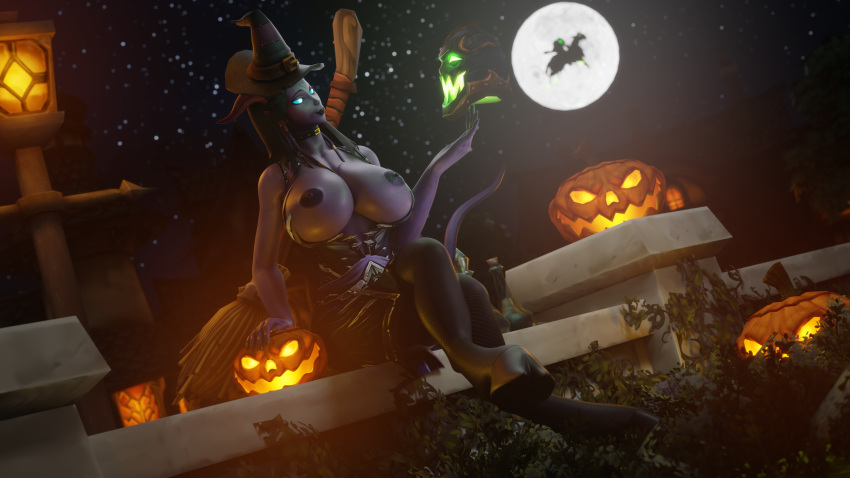 1girls 3d blizzard_entertainment draenei exposed_breasts full_moon halloween hooves horns keshina large_breasts long_hair looking_at_viewer morilymory night night_sky oc original_character outdoors purple_skin tail warcraft witch_costume witch_hat world_of_warcraft