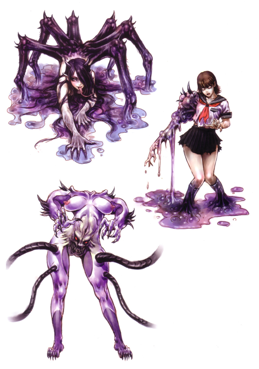 :3 breasts brown_hair bubbles headless highres horns long_hair monster_girl nipples pointy_ears purple_skin school_uniform serafuku short_hair spider_girl tentacle wild_flower yamashita_shun'ya zombie zombie_girl