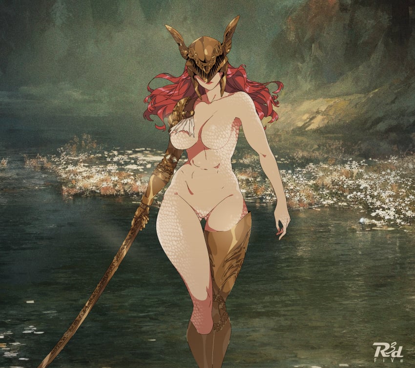 1girls elden_ring female female_only fromsoftware helmet hi_res malenia_blade_of_miquella milf nude r3dfive red_hair sword voluptuous water