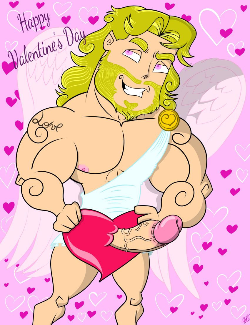 abs angel arm_tattoo beard big_muscles blonde_beard blonde_facial_hair blonde_hair clothed clothing cupid facial_hair feathered_wings feathers genitals glans hair happy_valentine heart_symbol hi_res holidays human humanoid_genitalia humanoid_penis kyle_the_cupid_(nickbravecomics) long_hair male mammal muscular muscular_male nickbravecomics nipples partially_clothed penis pink_eyes pink_glans pink_nipples pink_wing pink_wings shirt shoulder_tattoo smile solo tattoo topwear tunic valentine&#039;s_day wings