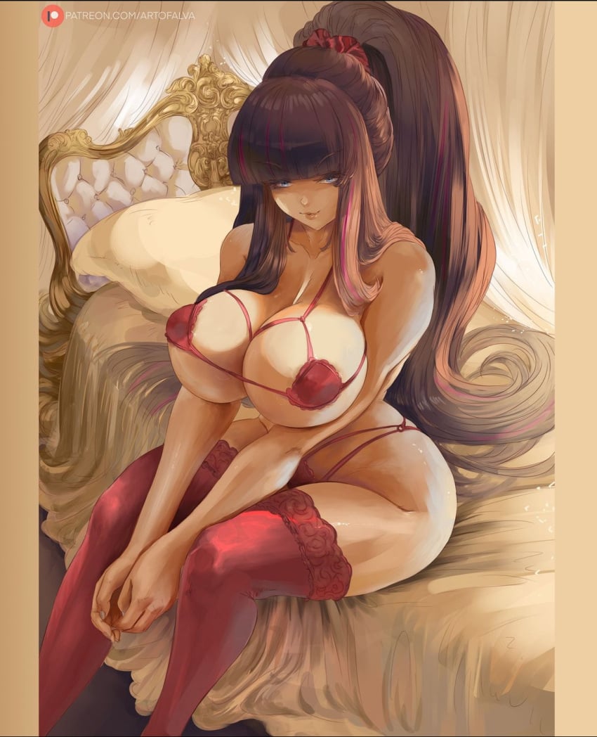 artofalva bangs bedroom brown_hair female female_only huge_breasts lace long_hair looking_at_viewer ponytail red_highlights red_lingerie small_waist stockings thighhighs voluptuous