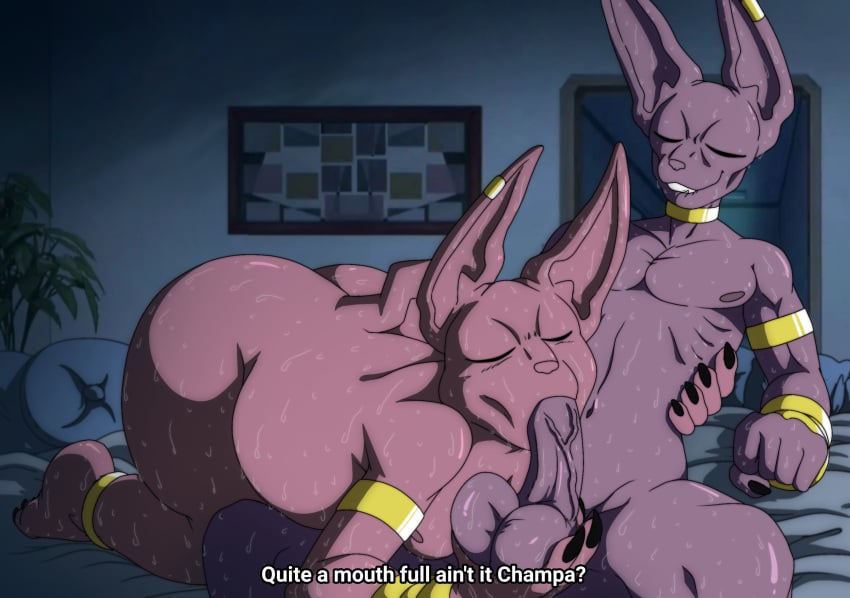 anthro balls barefoot beerus boner champa dialogue domestic_cat dragon_ball dragon_ball_super duo erection feet felid feline felis fellatio foot_ninja15 gay genitals hi_res incest incest_(lore) male male/male male_only mammal nude oral penile penis sex sweat sweating