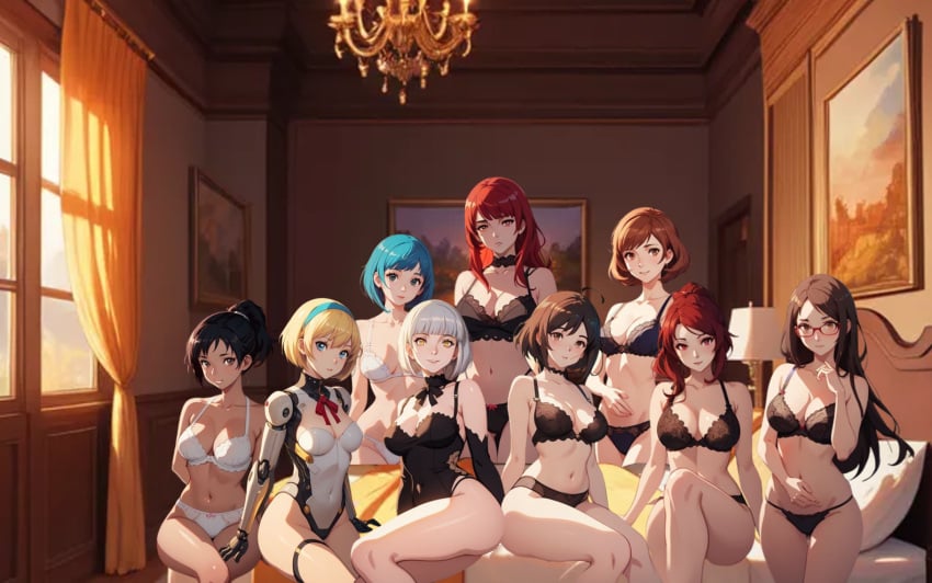 6+girls 9girls ai_generated aigis_(persona) big_breasts black_hair blue_eyes blue_hair breasts brown_eyes brown_hair chidori_yoshino elizabeth_(persona) female female_only fushimi_chihiro fuuka_yamagishi glasses harem kikimaki lingerie long_hair megami_tensei mitsuru_kirijo multiple_girls persona persona_3 persona_3_reload red_eyes red_hair robot robot_girl short_hair virtual_youtuber vtuber white_hair yamagishi_fuuka yellow_eyes yukari_takeba yuko_nishiwaki yuri