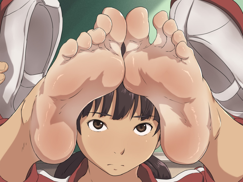 1girls athletic_female brown_eyes brown_hair countershade_feet cute feet foot_fetish foot_focus japanese_female long_toes maku_(l-u) meaty_soles presenting_feet shoes shoes_removed smelly_feet soles solo solo_female tan-skinned_female tan_skin toes