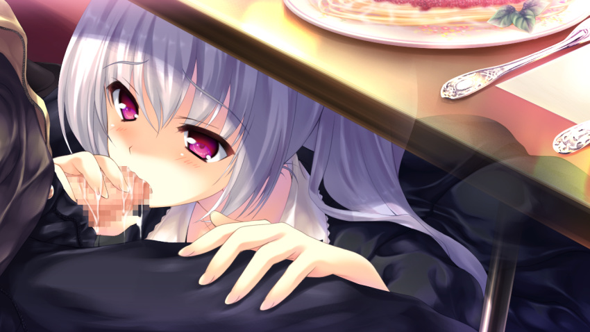 censored fellatio game_cg gray_hair hair love_2_quad naruse_hirofumi oral penis tsukuba_mirai under_the_table