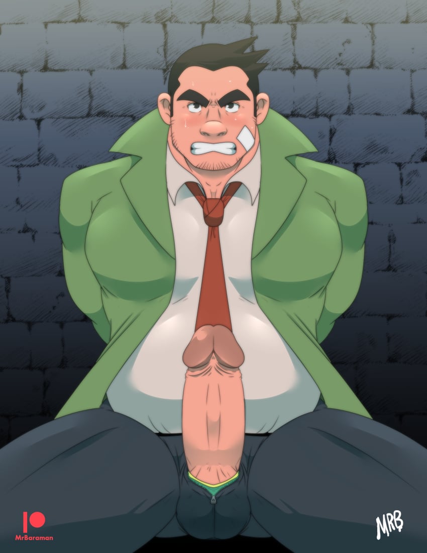 bara beard_stubble big_bulge big_penis blush bulge capcom clothing daddy dick_gumshoe erection gyakuten_saiban male male_only manly mature_male mrbaraman muscular_male penis tight_clothing