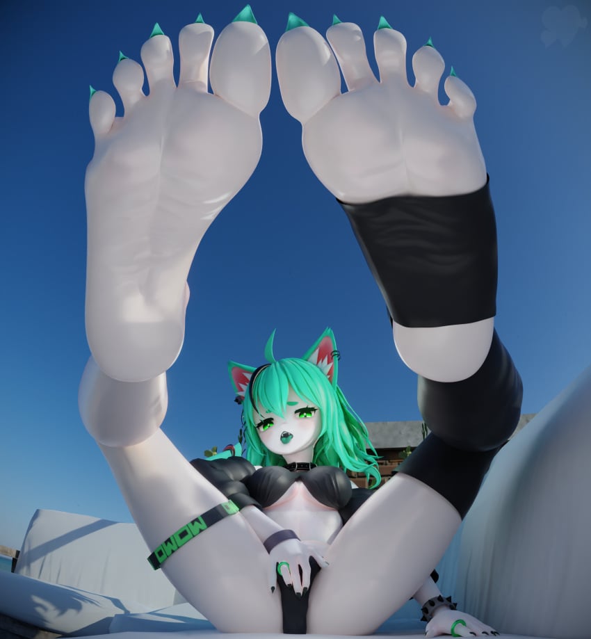 belly_button big_breasts butt_fang butt_fangs cat_ears catgirl ear_piercing female freckles_on_face green_ears green_eyebrows green_eyes green_hair green_nipples green_pubic_hair green_pussy midriff momomischief pale-skinned_female smile thighs virtual_youtuber vtuber