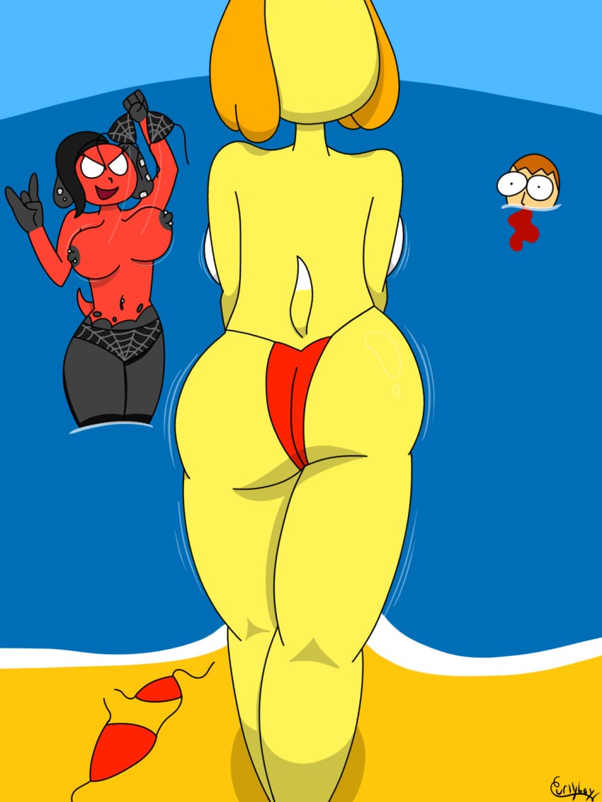 animal_crossing anthro beach bikini bikini_thong blood bodily_fluids bouncing_breasts breasts cherry_(animal_crossing) clothed clothing curlyboy devil_horns_(gesture) ear_piercing faceless_character faceless_female female gesture group hand_gesture hi_res human isabelle_(animal_crossing) male mammal motion_lines navel navel_piercing nintendo nipple_piercing nipples nosebleed piercing red_bikini red_clothing red_swimwear shocked shoreline signature spiderweb_(pattern) swimming swimwear tail topless topless_female trio two-piece_swimsuit undressing villager_(animal_crossing)