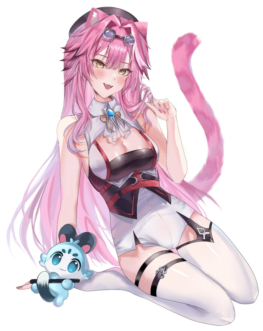 chattino_(raora_panthera) fan_mascot_(vtuber) goggles goggles_on_head hololive hololive_english hololive_english_-justice- kemonomimi panther_girl pink_hair raora_panthera virtual_youtuber yellow_eyes