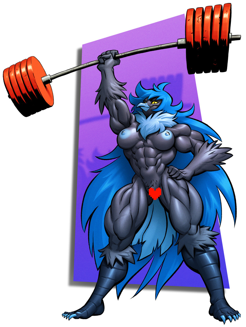 abs absurd_res anthro avian big_breasts big_muscles bird breasts exercise feathers feet female hair hi_res long_hair martlet_(undertale_yellow) martlet_(zenith_form) muscular muscular_anthro muscular_female solo tail tail_feathers tilingart undertale_(series) undertale_yellow weightlifting workout