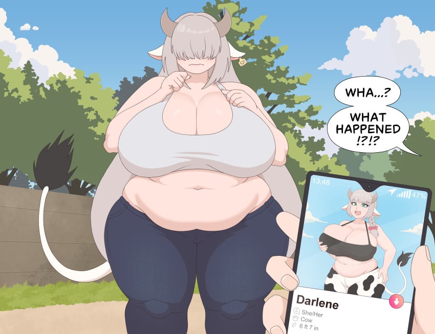 bangs big_ass catfishing cellphone cow_ears cow_girl cow_horns cow_tail darlene_(vanilireph) date dating dating_app demon embarrassed english_text fat fat_woman fatfishing female grey_hair hair_covering_eye hair_covering_eyes holding_object holding_phone horns inflation large_ass larger_female lipstick long_hair obese outdoors overweight overweight_female park phone phone_screen plump price_tag public public_exposure public_humiliation public_indecency sky smaller_male solo_focus text thighs thighs_bigger_than_head tight_shirt transformation tree trees van_(vanilireph) vanilireph very_long_hair weight_conscious weight_gain white_hair