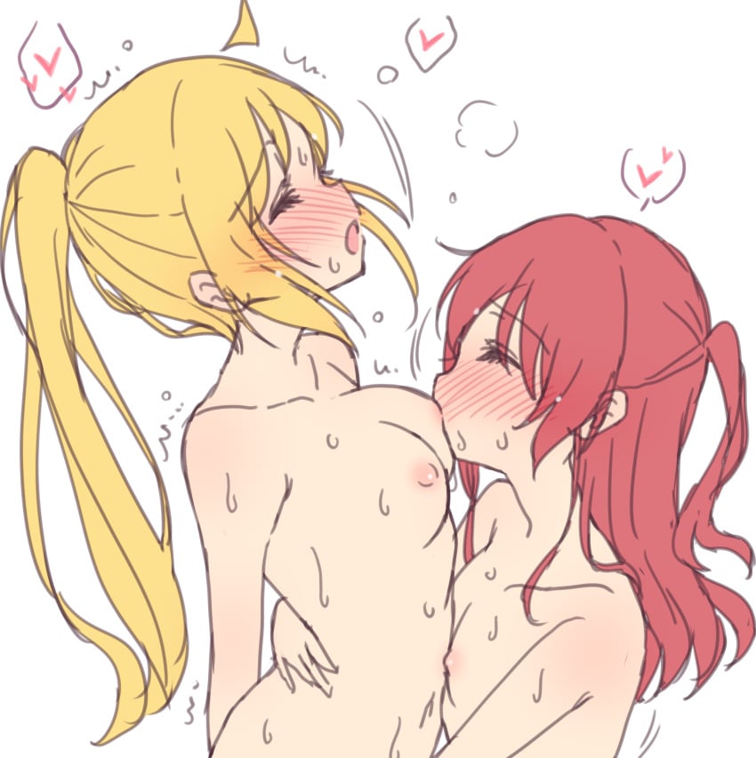 2girls blonde_hair bocchi_the_rock! breast_sucking breasts female female_only flushed flushed_face heart hi_res highres hug ijichi_nijika kissing kissing_breasts kita_ikuyo melty_pot multiple_girls red_hair small_breasts sucking_breast sweat sweatdrop sweating tagme yuri