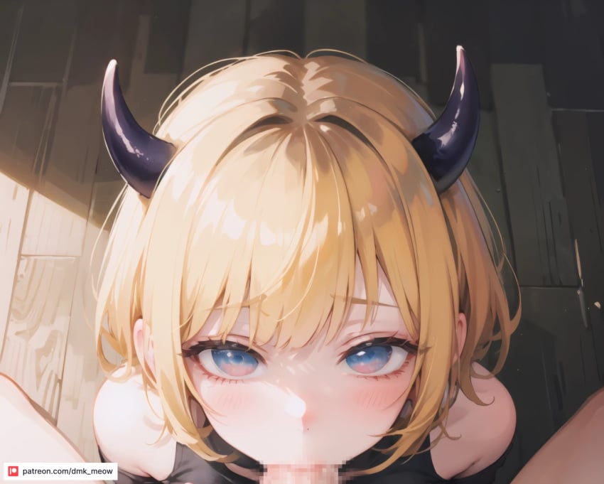 1boy ai_generated bare_shoulders black_shirt blonde_hair blue_eyes blush censored demon_horns dmk_meow fellatio female horns indoors looking_at_viewer memcho mosaic_censoring oral oshi_no_ko patreon_username penis pov pov_crotch short_hair solo_focus straight