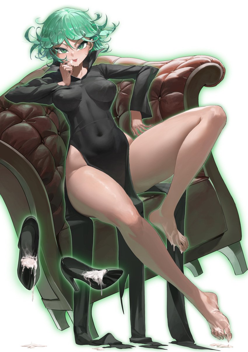 absurdres aura bare_legs barefoot black_dress black_footwear breasts couch covered_navel covered_nipples cum cum_in_footwear cum_on_body cum_on_feet cum_on_hands cum_puddle dress facial feet female finger_to_mouth floating full_body green_eyes green_hair green_outline hair_between_eyes high_collar high_heels highres legs long_sleeves looking_at_viewer medium_breasts naughty_face no_panties on_couch one-punch_man outline pelvic_curtain pumps short_hair simple_background sitting smile solo tatsumaki thick_thighs thighs toenails toes tongue tongue_out unworn_footwear white_background wow+