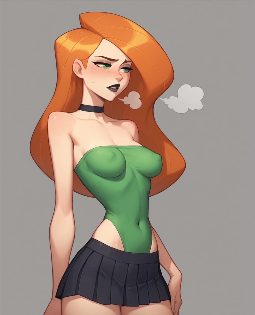 1girls ai_generated bare_arms bare_shoulders black_lipstick blush breasts choker collarbone covered_navel disney female green_eyes heavy_breathing kim_possible kimberly_ann_possible leotard long_hair looking_away miniskirt notreallyhere orange_hair parted_lips perky_breasts pleated_skirt simple_background solo standing