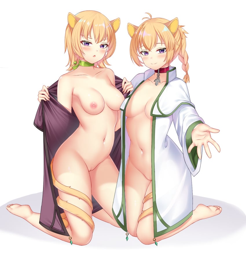 2girls animal_ears barefoot blush braid breasts cat_ears cat_girl cat_tail coat collar commission commissioner_upload fire_emblem fire_emblem:_path_of_radiance fire_emblem:_radiant_dawn green_collar green_trim highres kneeling laguz_(fire_emblem) lethe_(fire_emblem) looking_at_viewer lyre_(fire_emblem) multiple_girls nabunabu navel open_clothes open_coat orange_hair orange_tail pink_collar purple_eyes pussy reaching reaching_towards_viewer siblings sisters tail tail_wrap twins white_background