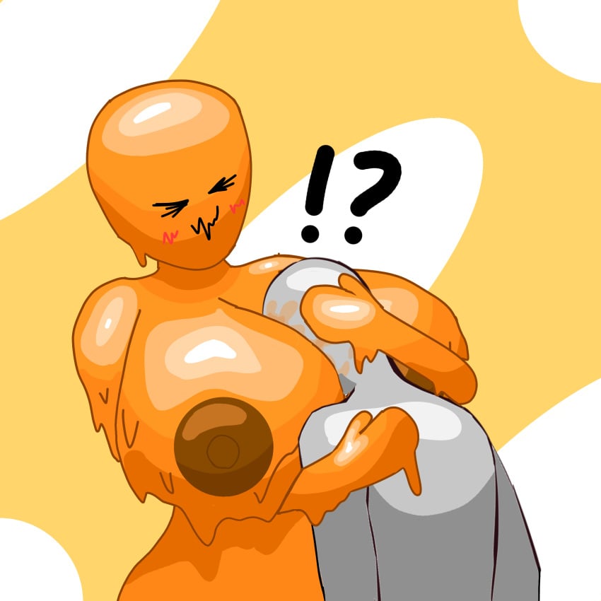 breast_hug breasts cartoony female female_focus goo goo_creature goo_girl hug hug_breasts huge_breasts huge_nipples scp scp-999 scp_foundation shaded simple_background slime slime_(substance) slime_girl slime_monster splatter y/n