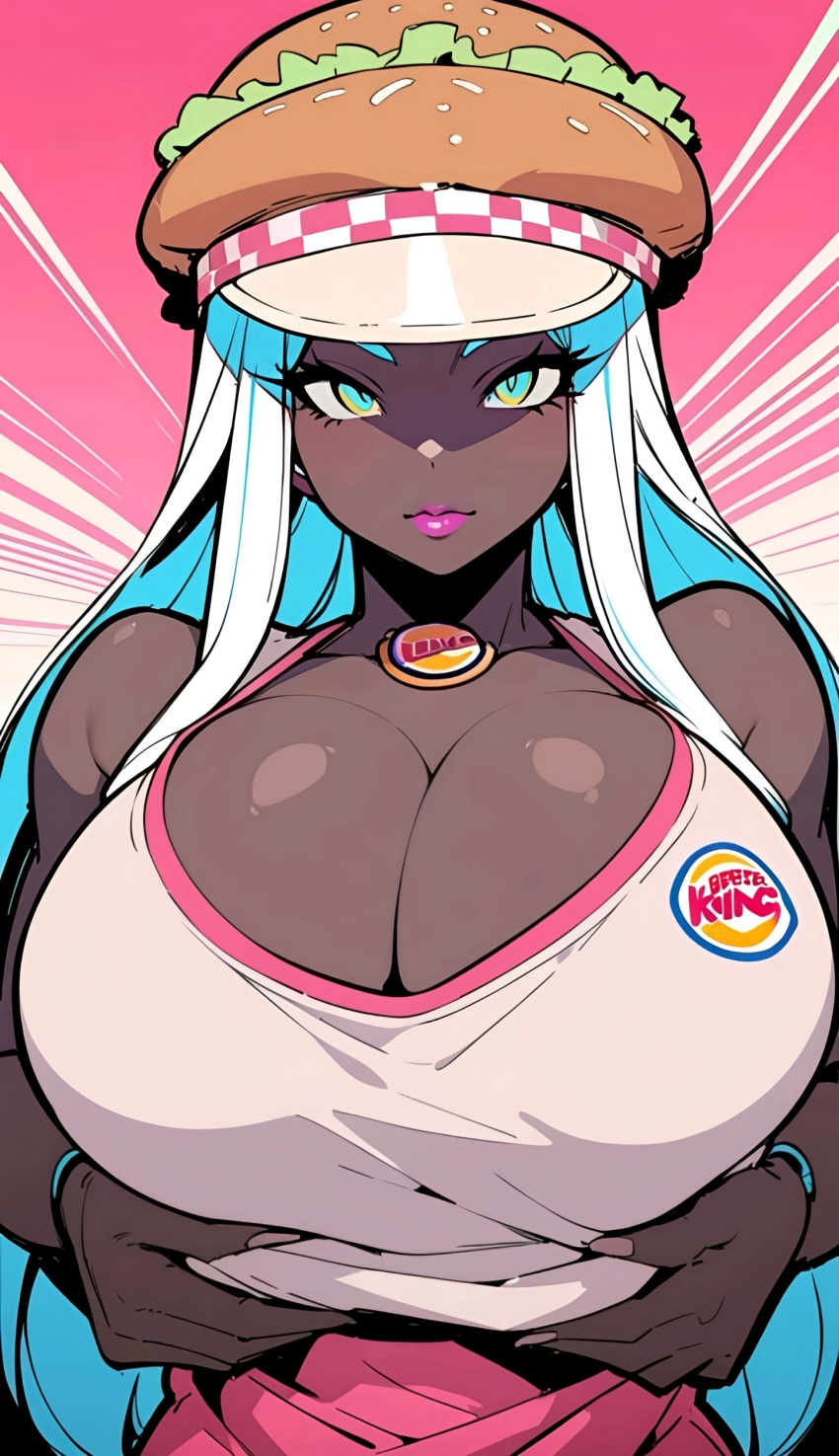 ai_generated big_breasts breasts burger burger_hat dark-skinned_female dark_skin hamburger hat large_breasts lips lipstick massive_breasts myaim original_character pink_lips pink_lipstick pulling_up_shirt tagme