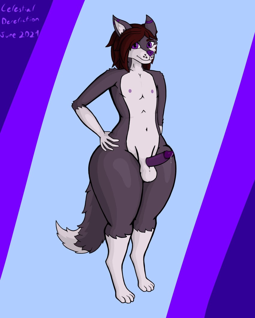 4:5 absurd_res anthro balls brown_hair canid canine celestial_dereliction dark_body digitigrade eyebrows femboy fox genitals hair hi_res huge_thighs inner_ear_fluff male mammal nipples nude penis purple_eyes purple_nipples purple_nose purple_penis solo thick_thighs tuft wide_hips