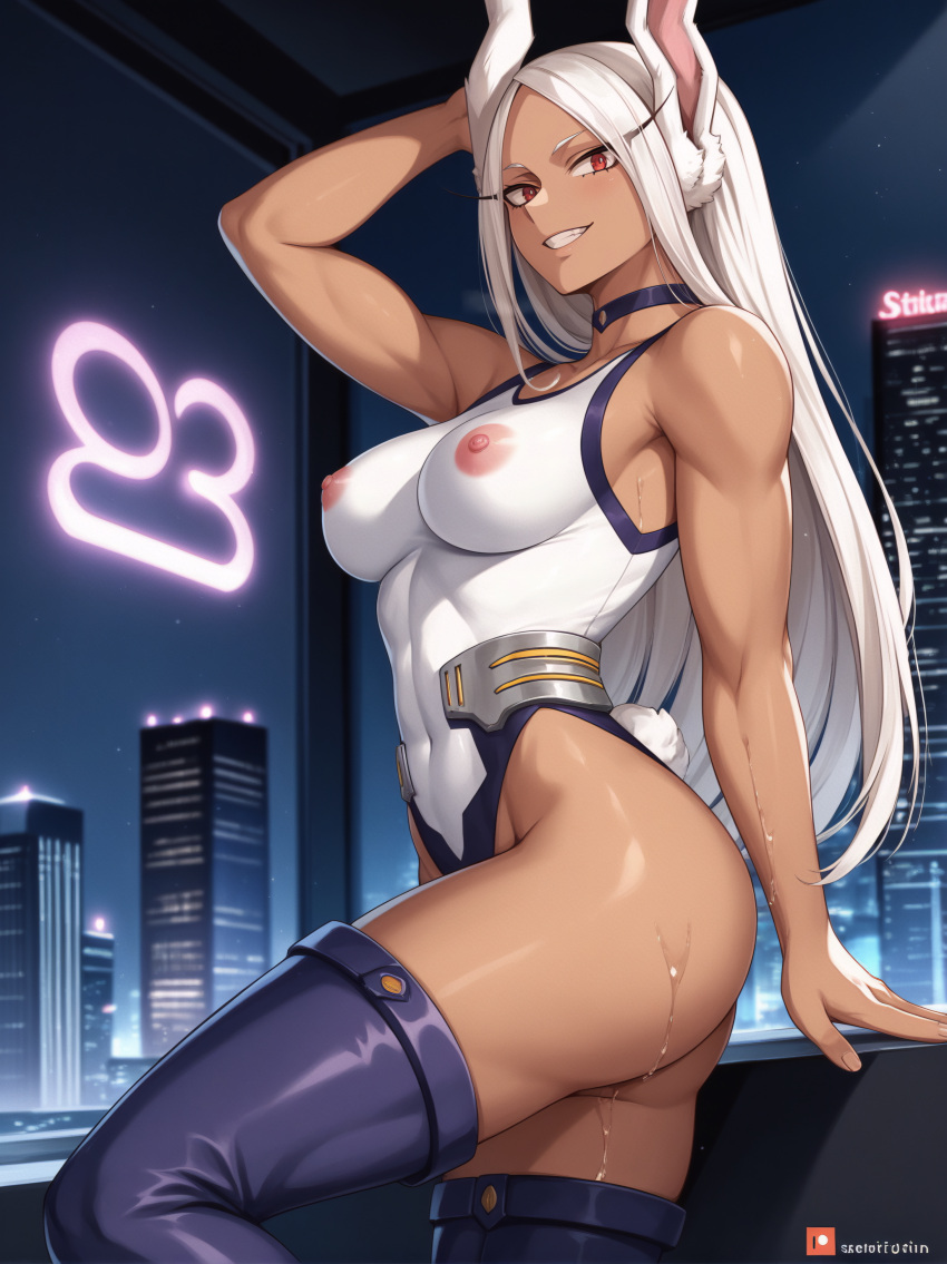 1girls ai_generated areola areolae ass ass_focus bunny_ears bunny_girl butt choker collar curvaceous curvaceous_body curves curvy curvy_body curvy_female curvy_figure exposed_ass exposed_butt female female_only hourglass_figure infiniteskull light-skinned_female light_skin miruko my_hero_academia nipple nipples nipples_visible_through_clothing red_eyes rumi_usagiyama solo solo_female voluptuous voluptuous_female white_hair