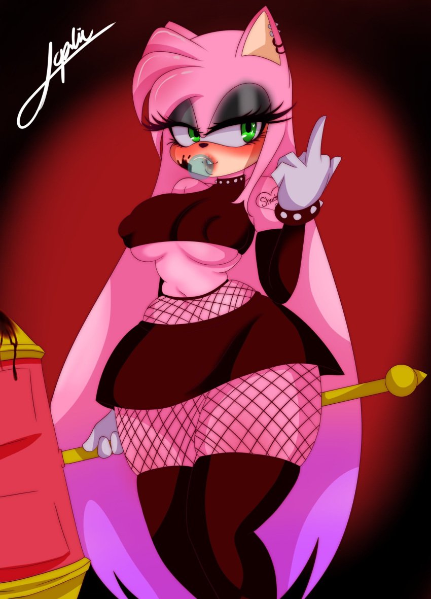 amy_rose big_breasts blood_on_face chewing_gum crop_top earrings fishnet_legwear fishnet_stockings fishnets goth goth_girl hammer microskirt middle_finger miniskirt pink_fur skirt sonic_(series) sonic_the_hedgehog_(series) sophie_queen11 stockings tattoo thick_thighs underboob