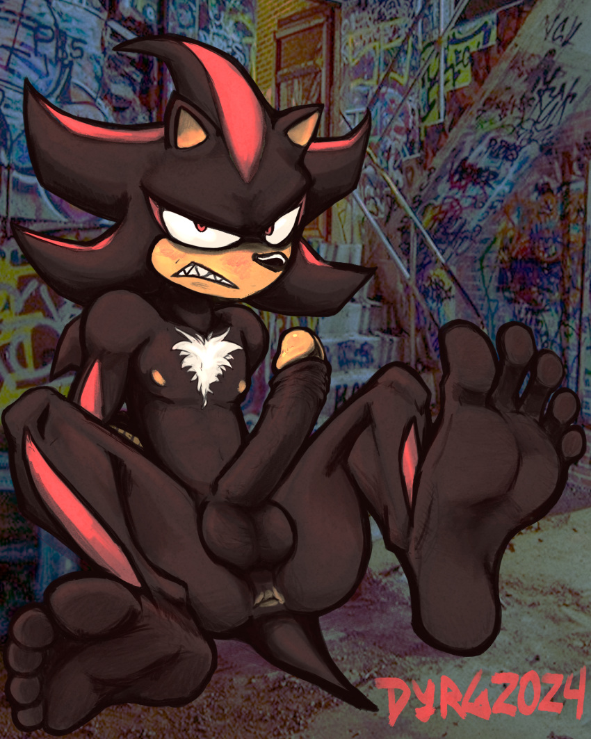 5_toes angry anthro anus balls barefoot big_penis black_body bound chest_tuft digital_media_(artwork) erection eulipotyphlan feet foot_focus fur genitals graffiti graffiti_on_wall hair hands_behind_back hands_tied hedgehog hi_res humanoid_feet humanoid_genitalia humanoid_hands humanoid_penis lazertooth male mammal nipples outside penis plantigrade sega shadow_the_hedgehog sharp_teeth sitting soles solo sonic_(series) sonic_the_hedgehog_(series) tail teeth toes tuft