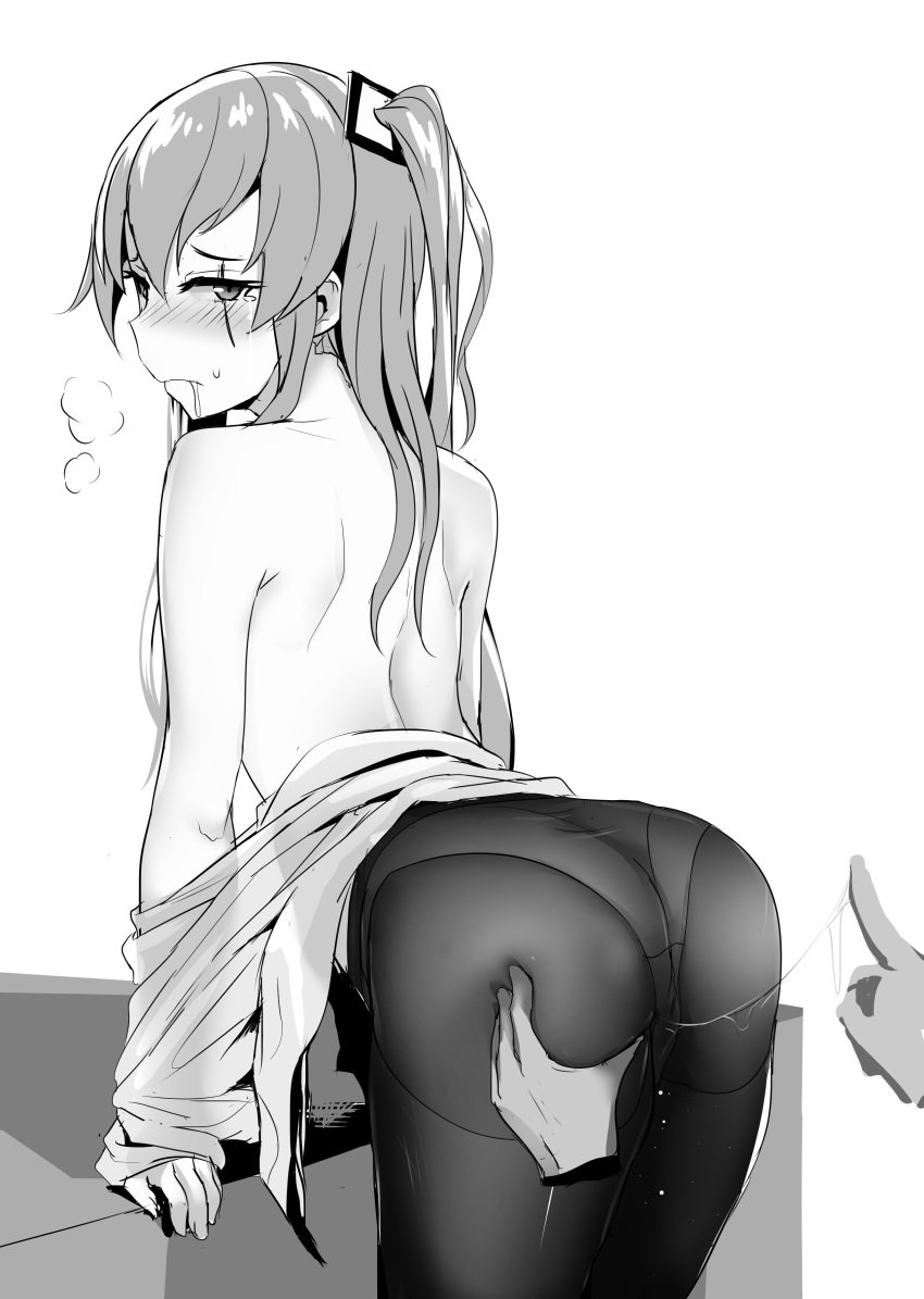 1other absurdres after_fingering ass ass_grab back blush disembodied_hand drooling female girls&#039;_frontline highres index_finger_raised long_hair looking_at_viewer looking_back median_furrow monochrome one_side_up panties panties_under_pantyhose pantyhose pussy_juice pussy_juice_on_fingers pussy_juice_trail scar scar_across_eye simple_background solo_focus topless ump45_(girls&#039;_frontline) underwear yellowseeds