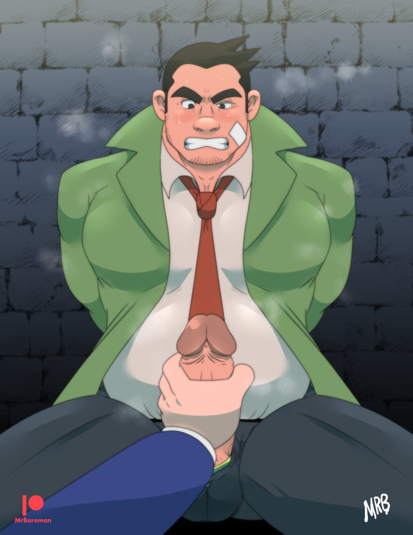 bara beard_stubble big_bulge big_penis blush bulge capcom clothing daddy dick_gumshoe erection gay gyakuten_saiban handjob male male/male male_only manly masturbation mature_male mrbaraman muscular_male penis tight_clothing