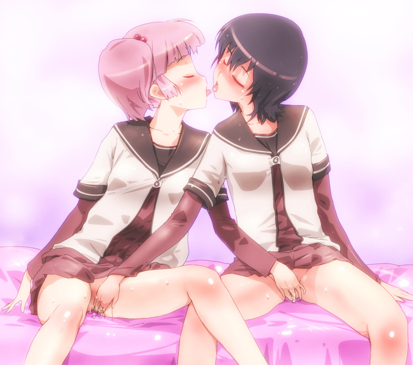 2girls blush closed_eyes clothed_sex clothing female fingering flat_chest french_kiss funami_yui kissing long_sleeves mine_(peak) multiple_girls mutual_masturbation mutual_yuri no_panties pussy pussy_juice school_uniform serafuku skirt_lift tongue yoshikawa_chinatsu yuri yuru_yuri