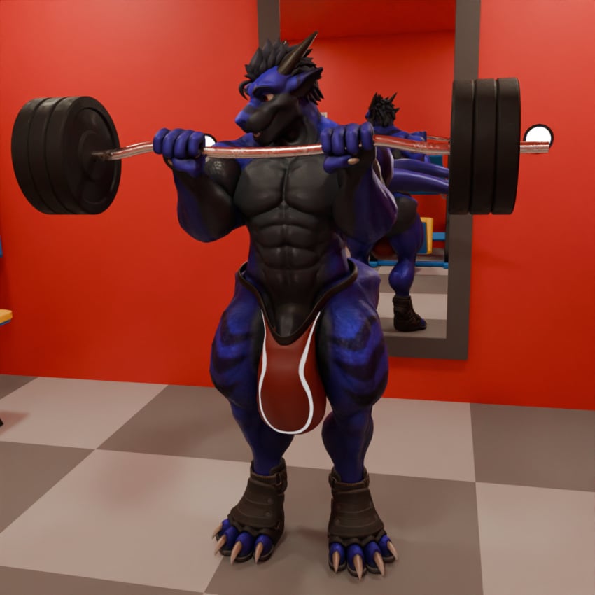 1:1 anthro big_bulge blue_body bulge dergdrister dragon drister_(dergdrister) exercise growth gym male muscular mythological_creature mythological_scalie mythology paw_shoes peeking_penis scalie slipping_out solo weightlifting workout