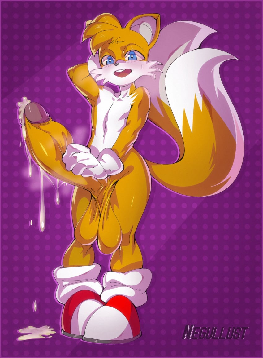 1boy anthro balls blue_eyes canid canine clothing erection femboy footwear fox fur genitals gloves handwear hi_res humanoid_genitalia humanoid_penis hung_femboy male mammal miles_prower negullust open_mouth orgasm penis sega signature simple_background solo solo_male sonic_(series) sonic_the_hedgehog_(series) tails tails_the_fox twink white_body white_fur yellow_body yellow_fur